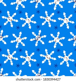 Vector seamless pattern background with cute cartoon smiling snowflakes characters for winter and christmas design.
