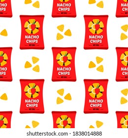 Vector seamless pattern background with cute cartoon style red packages of tortilla chips, nacho chips.

