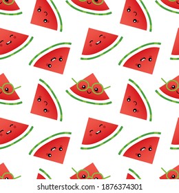 Vector seamless pattern background with cute and smiling fresh watermelon slice characters.
