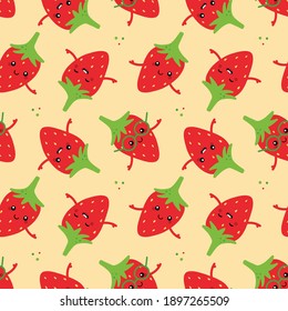 Vector seamless pattern background with cute smiling cartoon style red strawberry characters for food design.