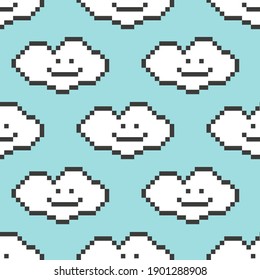Vector seamless pattern background with cute and smiling pixel cloud characters.
