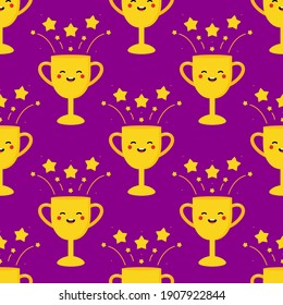 Vector seamless pattern background with cute golden trophy cup character with stars smiling and celebrating success.