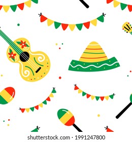 Vector seamless pattern background with cute colorful garlands, maracas, guitars, sombrero hats for Cinco de Mayo and other mexican holidays design.