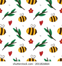 Vector seamless pattern background with cute cartoon style flying bees, green branches, flowers and hearts.