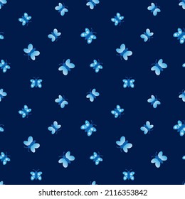 Vector seamless pattern background with cute blue butterflies for nature design.
