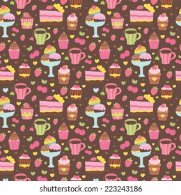 Vector seamless pattern background with cute cartoon sweet food. Illustration for your design. Cute cartoon cupcakes, ice cream, tea and cake. Vector food illustration