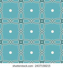 Vector seamless pattern background: Decorated Folio Lattice. A lattice on a dotted turquoise background, adorned with stylized stars and flowers. Part of Quiet Folio collection.
