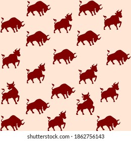 Vector seamless pattern background design with bulls silhouettes drawing illustration. Pink red colors.Symbol of the year 2021.Print, wrapping gift paper.Holidays.Angry Bull with horns. Packaging.