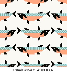 Vector seamless pattern, background, design, fish print. Pixel art