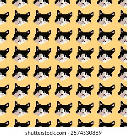 Vector seamless pattern, background, design, cute cat muzzle print. Pixel art