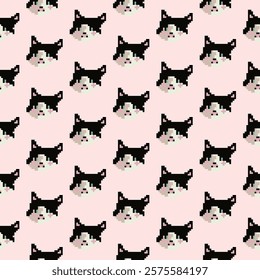 Vector seamless pattern, background, design, cute cat muzzle print. Pixel art