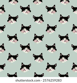 Vector seamless pattern, background, design, cute cat muzzle print. Pixel art