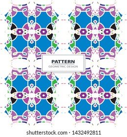 Vector seamless pattern background with different geometrical shapes of multiple colors. Illustration with symmetrical design. Kaleidoscope backdrop. Modern banner design template.

