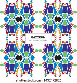 Vector seamless pattern background with different geometrical shapes of multiple colors. Illustration with symmetrical design. Kaleidoscope backdrop. Modern banner design template.
