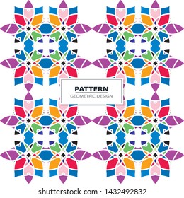 Vector seamless pattern background with different geometrical shapes of multiple colors. Illustration with symmetrical design. Kaleidoscope backdrop. Modern banner design template.
