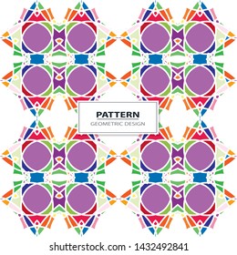 Vector seamless pattern background with different geometrical shapes of multiple colors. Illustration with symmetrical design. Kaleidoscope backdrop. Modern banner design template.
