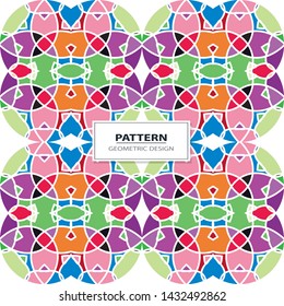 Vector seamless pattern background with different geometrical shapes of multiple colors. Illustration with symmetrical design. Kaleidoscope backdrop. Modern banner design template.
