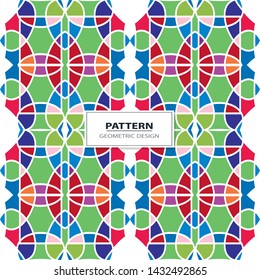 Vector seamless pattern background with different geometrical shapes of multiple colors. Illustration with symmetrical design. Kaleidoscope backdrop. Modern banner design template.
