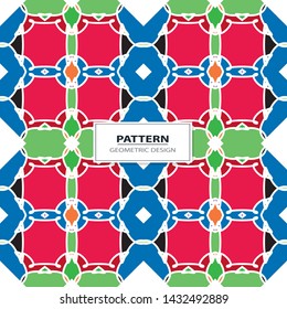 Vector seamless pattern background with different geometrical shapes of multiple colors. Illustration with symmetrical design. Kaleidoscope backdrop. Modern banner design template.
