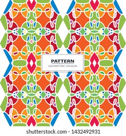 Vector seamless pattern background with different geometrical shapes of multiple colors. Illustration with symmetrical design. Kaleidoscope backdrop. Modern banner design template.
