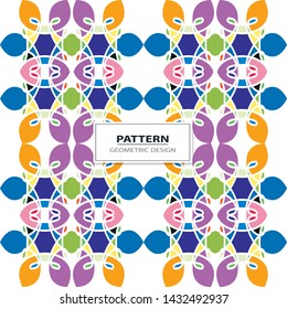 Vector seamless pattern background with different geometrical shapes of multiple colors. Illustration with symmetrical design. Kaleidoscope backdrop. Modern banner design template.
