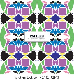 Vector seamless pattern background with different geometrical shapes of multiple colors. Illustration with symmetrical design. Kaleidoscope backdrop. Modern banner design template.
