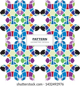 Vector seamless pattern background with different geometrical shapes of multiple colors. Illustration with symmetrical design. Kaleidoscope backdrop. Modern banner design template.
