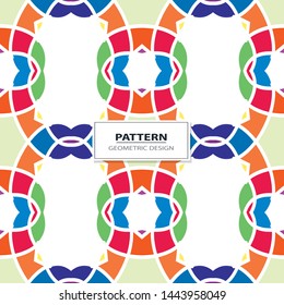 Vector seamless pattern background with different geometrical shapes of multiple colors. Illustration with symmetrical design. Kaleidoscope backdrop. Modern banner design template.