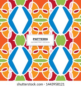 Vector seamless pattern background with different geometrical shapes of multiple colors. Illustration with symmetrical design. Kaleidoscope backdrop. Modern banner design template.