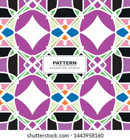 Vector seamless pattern background with different geometrical shapes of multiple colors. Illustration with symmetrical design. Kaleidoscope backdrop. Modern banner design template.
