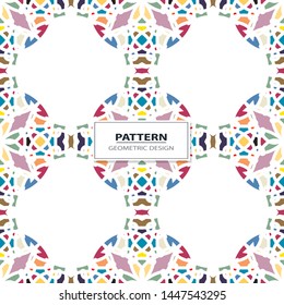 Vector seamless pattern background with different geometrical shapes of multiple colors. Illustration with symmetrical design. Kaleidoscope backdrop. Modern banner design template.