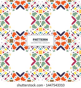 Vector seamless pattern background with different geometrical shapes of multiple colors. Illustration with symmetrical design. Kaleidoscope backdrop. Modern banner design template.