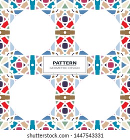 Vector seamless pattern background with different geometrical shapes of multiple colors. Illustration with symmetrical design. Kaleidoscope backdrop. Modern banner design template.