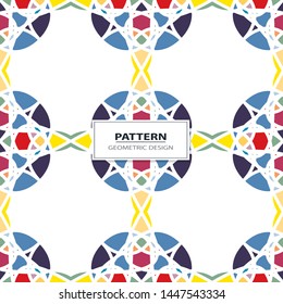 Vector seamless pattern background with different geometrical shapes of multiple colors. Illustration with symmetrical design. Kaleidoscope backdrop. Modern banner design template.
