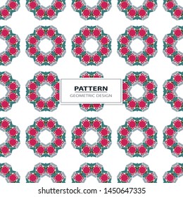 Vector seamless pattern background with different geometrical shapes of multiple colors. Illustration with symmetrical design. Kaleidoscope backdrop. Modern banner design template.
