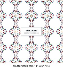 Vector seamless pattern background with different geometrical shapes of multiple colors. Illustration with symmetrical design. Kaleidoscope backdrop. Modern banner design template.