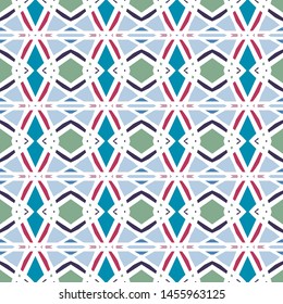 Vector seamless pattern background with different geometrical shapes of multiple colors. Illustration with symmetrical design. Textile cloth color