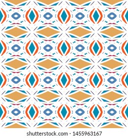 Vector seamless pattern background with different geometrical shapes of multiple colors. Illustration with symmetrical design. Textile cloth color