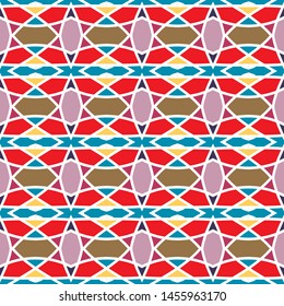 Vector seamless pattern background with different geometrical shapes of multiple colors. Illustration with symmetrical design. Textile cloth color