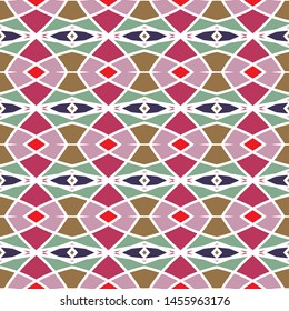 Vector seamless pattern background with different geometrical shapes of multiple colors. Illustration with symmetrical design. Textile cloth color