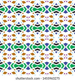 Vector seamless pattern background with different geometrical shapes of multiple colors. Illustration with symmetrical design. Textile cloth color