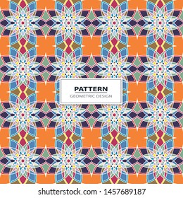 Vector seamless pattern background with different geometrical shapes of multiple colors. Illustration with symmetrical design.