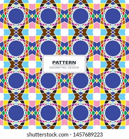 Vector seamless pattern background with different geometrical shapes of multiple colors. Illustration with symmetrical design.