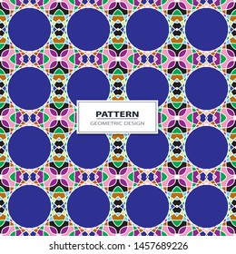 Vector seamless pattern background with different geometrical shapes of multiple colors. Illustration with symmetrical design.