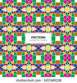 Vector seamless pattern background with different geometrical shapes of multiple colors. Illustration with symmetrical design.