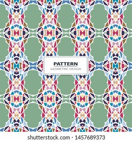 Vector seamless pattern background with different geometrical shapes of multiple colors. Illustration with symmetrical design.