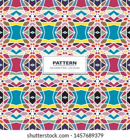 Vector seamless pattern background with different geometrical shapes of multiple colors. Illustration with symmetrical design.