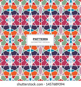 Vector seamless pattern background with different geometrical shapes of multiple colors. Illustration with symmetrical design.