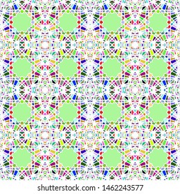 Vector seamless pattern background with different geometrical shapes of multiple colors. Illustration with symmetrical design.