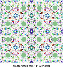 Vector seamless pattern background with different geometrical shapes of multiple colors. Illustration with symmetrical design.